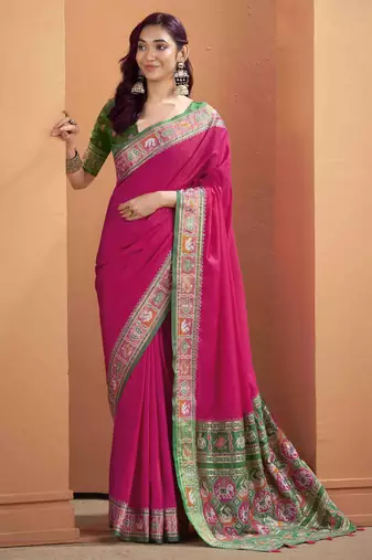 Women's magenta patola silk kalamkari saree with unstitched silk blouse piece