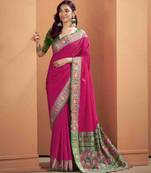 Women's magenta patola silk kalamkari saree with unstitched silk blouse piece