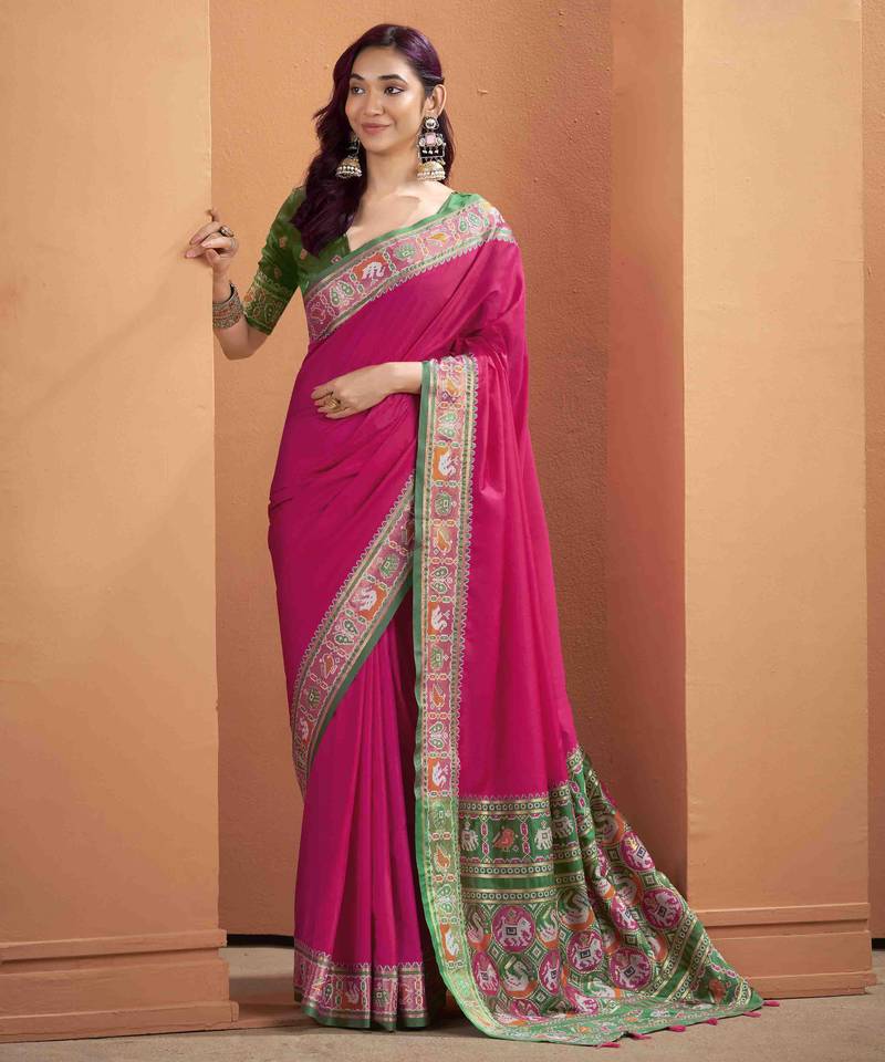 Women's magenta patola silk kalamkari saree with unstitched silk blouse piece