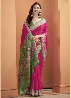 Women's magenta patola silk blend kalamkari saree with unstitched silk blend blouse piece 2