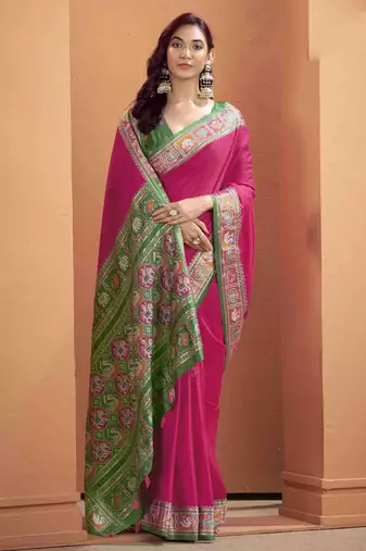 Women's magenta patola silk blend kalamkari saree with unstitched silk blend blouse piece