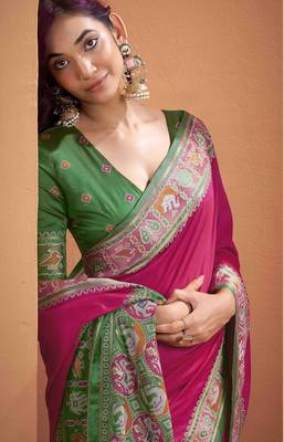 Women's magenta patola silk blend kalamkari saree with unstitched silk blend blouse piece 3