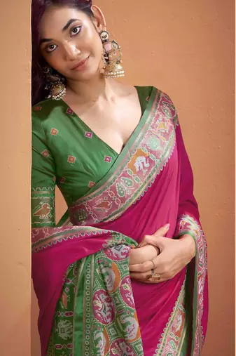 Women's magenta patola silk blend kalamkari saree with unstitched silk blend blouse piece