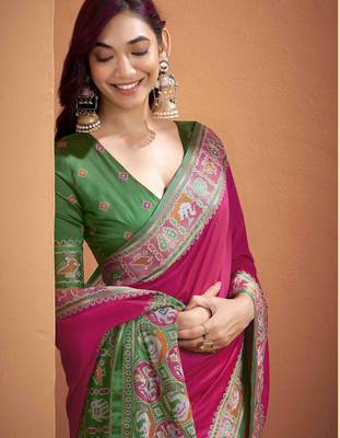 Women's magenta patola silk blend kalamkari saree with unstitched silk blend blouse piece 4