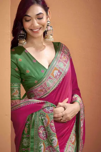 Women's magenta patola silk blend kalamkari saree with unstitched silk blend blouse piece