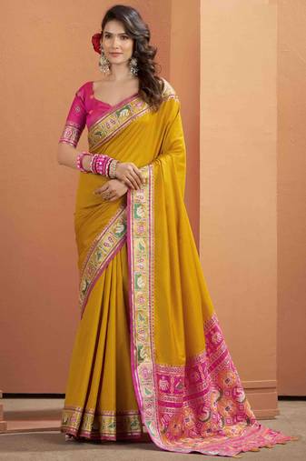 Women's mustard patola silk kalamkari saree with unstitched silk blouse piece