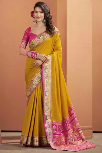 Women's mustard patola silk kalamkari saree with unstitched silk blouse piece