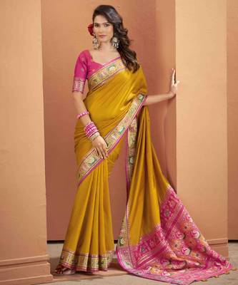 Women's mustard patola silk blend kalamkari saree with unstitched silk blend blouse piece 2