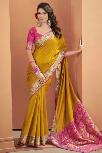 Women's mustard patola silk blend kalamkari saree with unstitched silk blend blouse piece