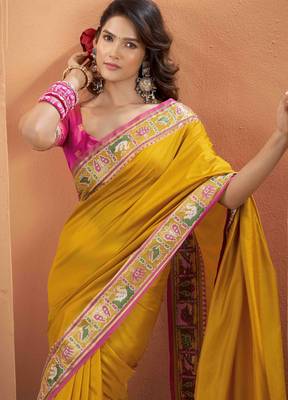 Women's mustard patola silk blend kalamkari saree with unstitched silk blend blouse piece 3