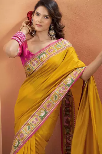 Women's mustard patola silk blend kalamkari saree with unstitched silk blend blouse piece