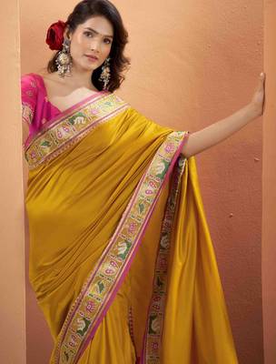 Women's mustard patola silk blend kalamkari saree with unstitched silk blend blouse piece 4