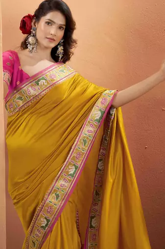 Women's mustard patola silk blend kalamkari saree with unstitched silk blend blouse piece