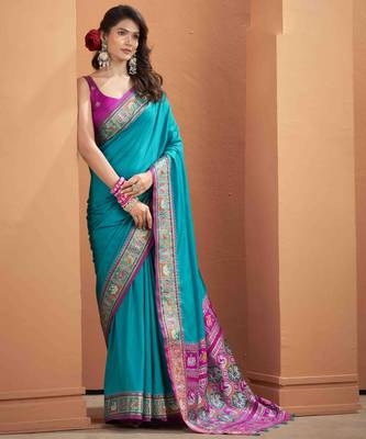 Women's teal patola silk blend kalamkari saree with unstitched silk blend blouse piece 1