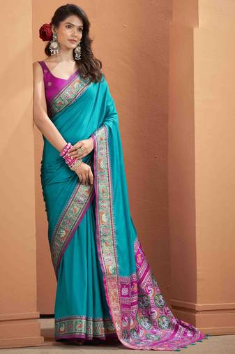 Women's teal patola silk kalamkari saree with unstitched silk blouse piece