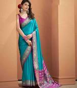 Women's teal patola silk kalamkari saree with unstitched silk blouse piece