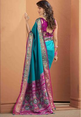 Women's teal patola silk blend kalamkari saree with unstitched silk blend blouse piece 2