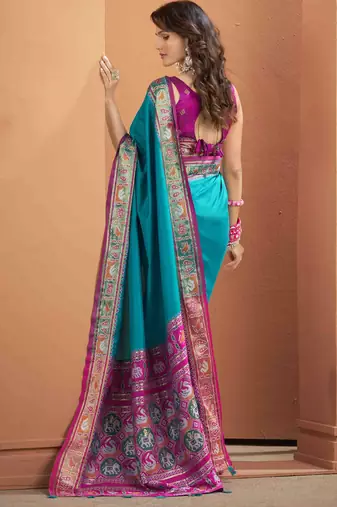 Women's teal patola silk blend kalamkari saree with unstitched silk blend blouse piece