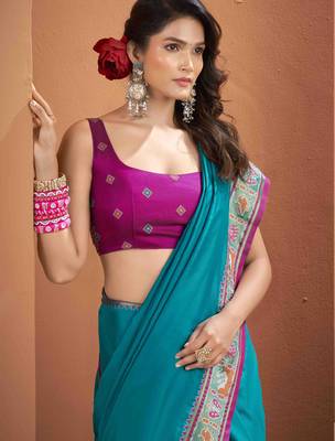 Women's teal patola silk blend kalamkari saree with unstitched silk blend blouse piece 4