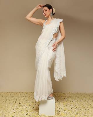 Ivory embroidered organza saree 1