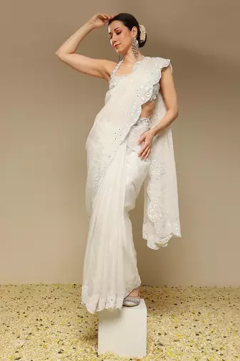 Ivory embroidered organza saree
