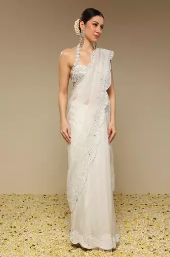 Ivory embroidered organza saree