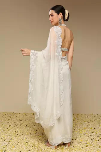 Ivory embroidered organza saree