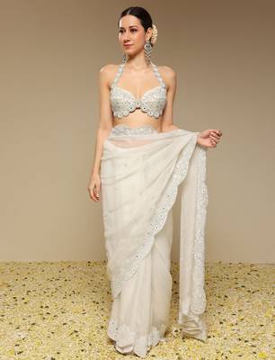 Ivory embroidered organza saree 4