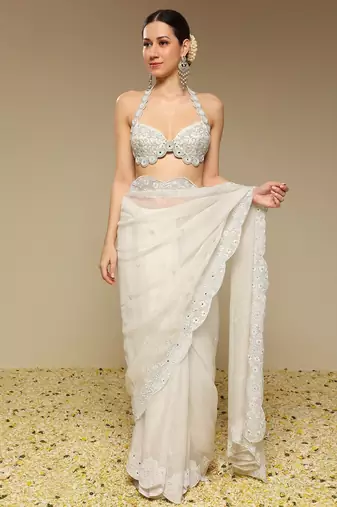 Ivory embroidered organza saree