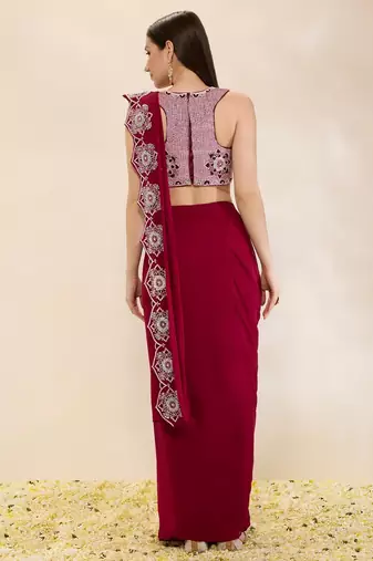 Wine embroidered georgette saree
