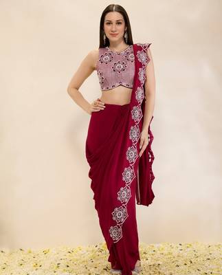 Wine embroidered georgette saree 1