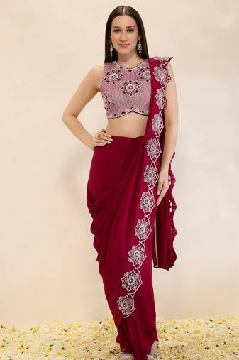 Wine embroidered georgette saree