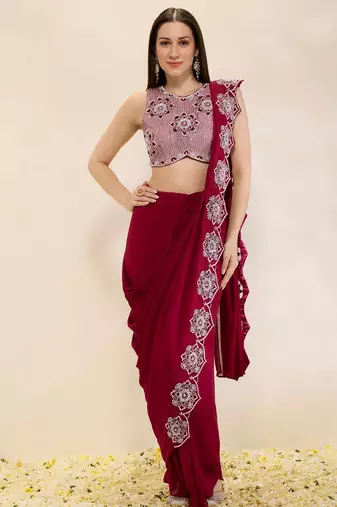 Wine embroidered georgette saree
