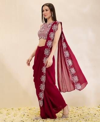 Wine embroidered georgette saree 3