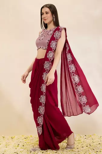 Wine embroidered georgette saree