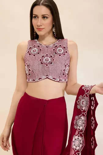 Wine embroidered georgette saree
