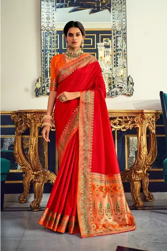 Women's red soft silk blend woven woven saree with unstitched blouse piece