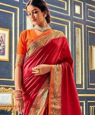 Women's maroon soft silk blend woven saree with unstitched silk blend blouse piece 2