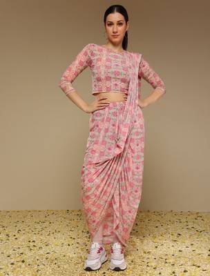 Pink Floral Printed lycra Fusion Saree 1