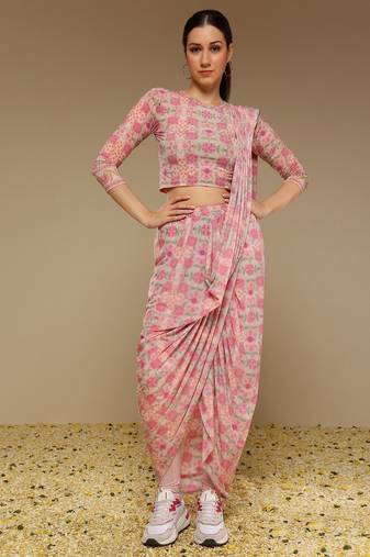 Pink Floral Printed lycra Fusion Saree