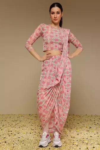 Pink Floral Printed lycra Fusion Saree