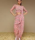 Pink Floral Printed lycra Fusion Saree