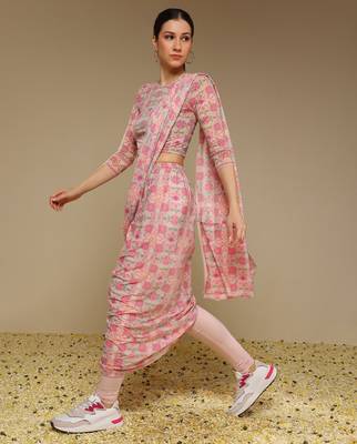 Pink Floral Printed lycra Fusion Saree 2