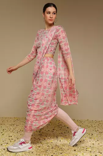Pink Floral Printed lycra Fusion Saree