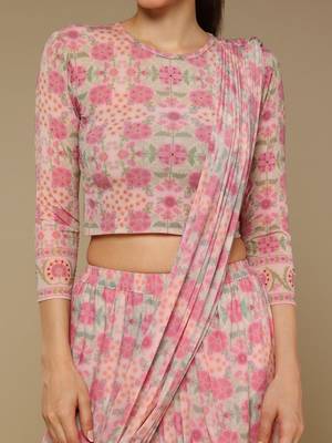 Pink Floral Printed lycra Fusion Saree 3