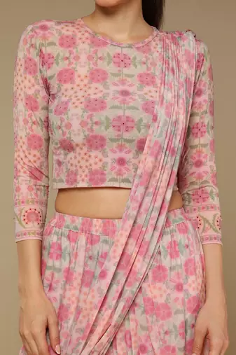 Pink Floral Printed lycra Fusion Saree