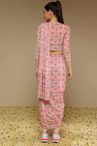 Pink Floral Printed lycra Fusion Saree