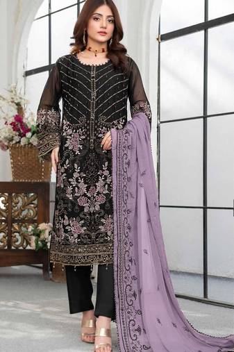Black faux georgette semi stitched suit with embroidery work