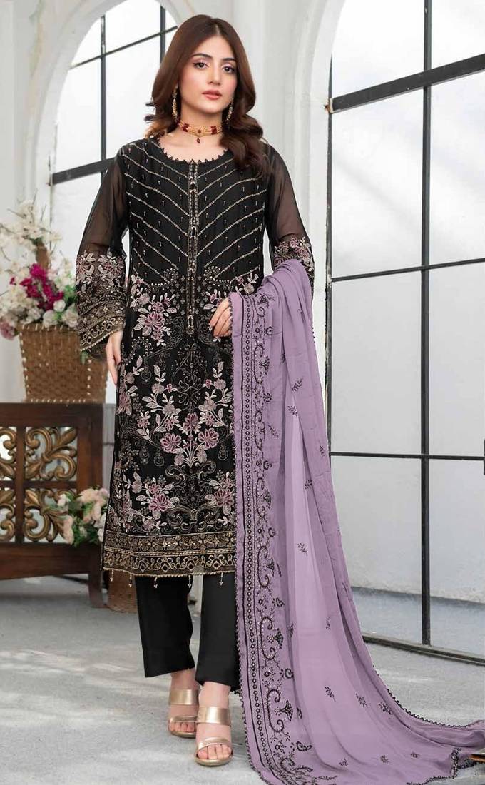 Black faux georgette semi stitched suit with embroidery work