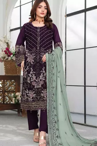 Dark purple embroidered faux georgette suit 